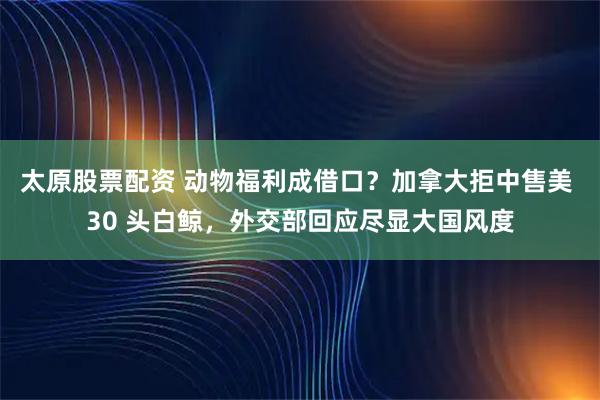 太原股票配资 动物福利成借口？加拿大拒中售美 30 头白鲸，外交部回应尽显大国风度